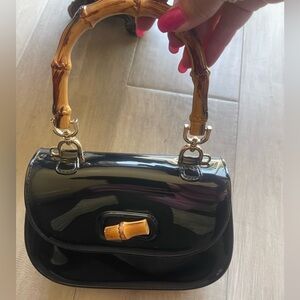 Black Patent Leather Crossbody Bag with Bamboo Handle